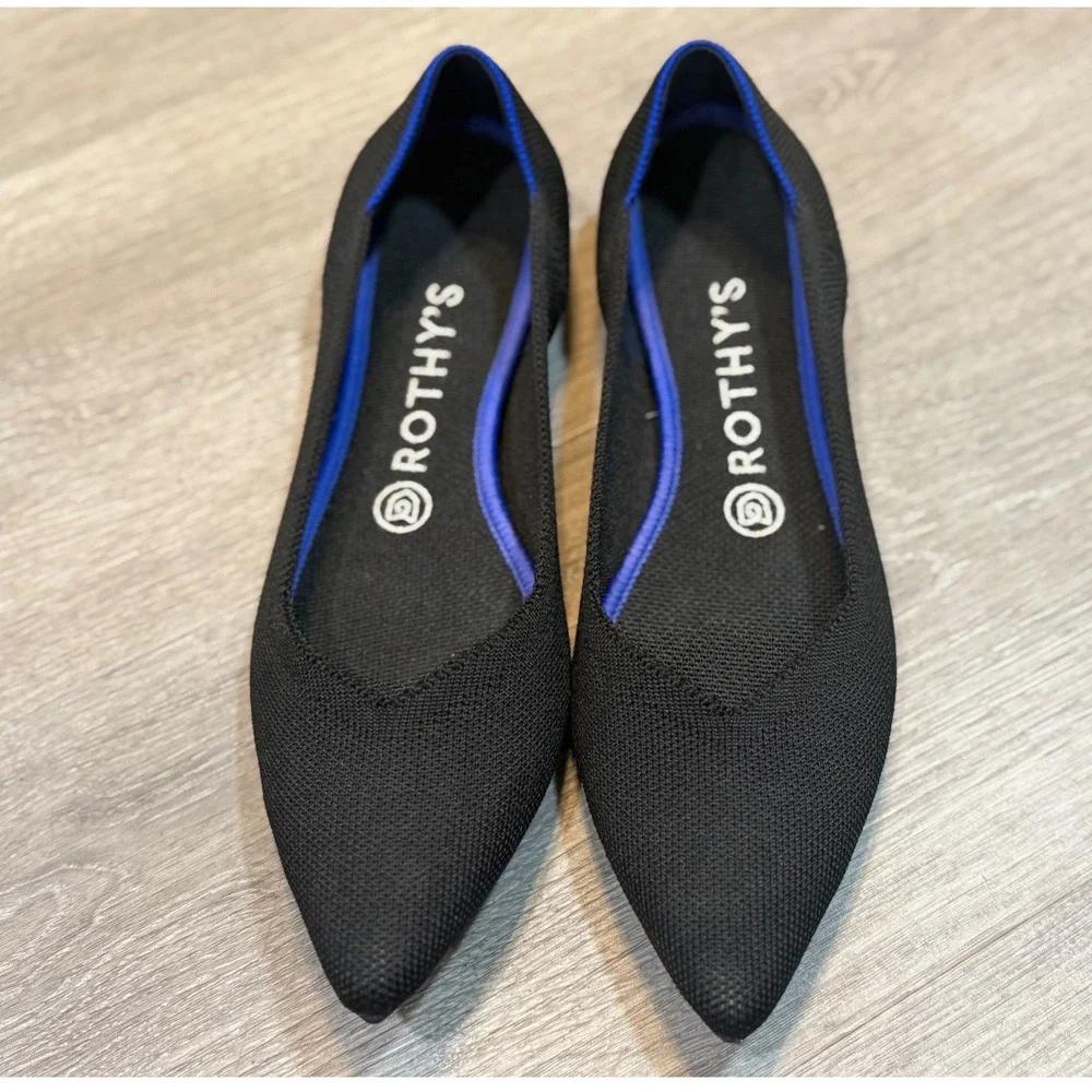 Rothy's The Point Black Cobalt Blue Trim Knit Flats Women's Size 8.5